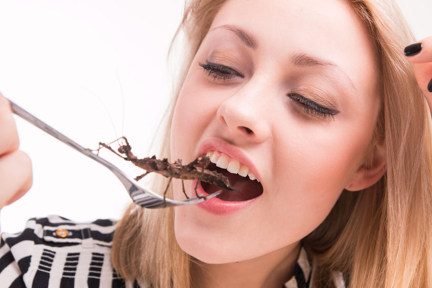 Woman eating insects with a fork in a restaurant Vrouw eet insecten